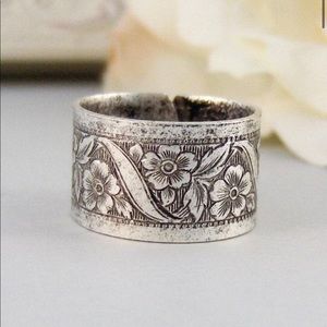 Ring Flower Silver Floral Gypsy Boho Antique